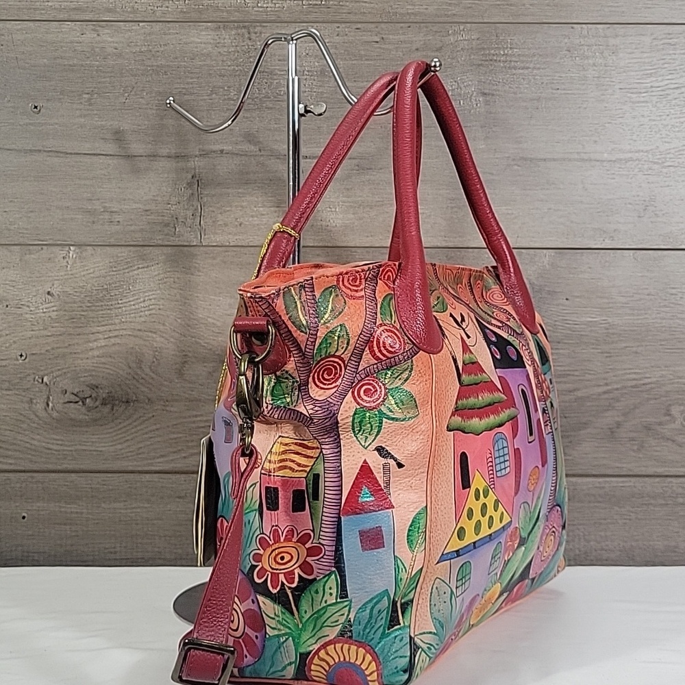 Anuschka Colorful Hand-Painted Village Tote Crossbody Bag - Red Handles New - Picture 3 of 16